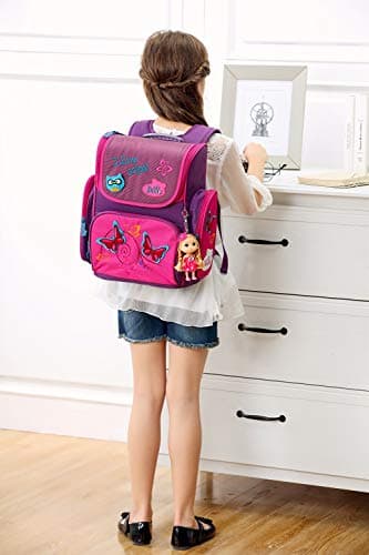 Cartable rose format sac à dos rose et violet, Delune avec porte clé poupée