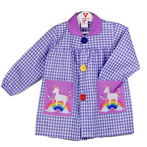 Blouse tablier de peinture pour l'école maternelle avec licorne et arc-en-ciel et imprimé vichy violet, en coton et polyester, Klottz