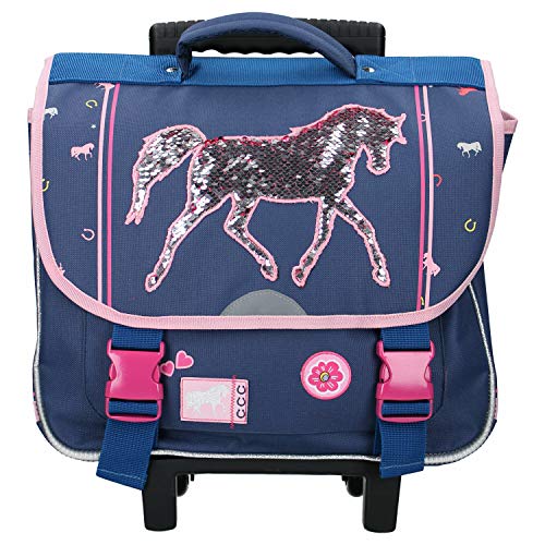 Cartable cheval trolley à paillettes très girly marine et rose 41 cm Milky Kiss