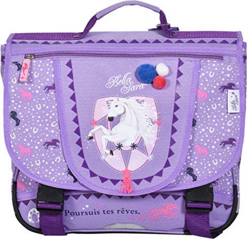 Cartable cheval Bella Sara mauve KID'ABORD avec pompons 38 cm