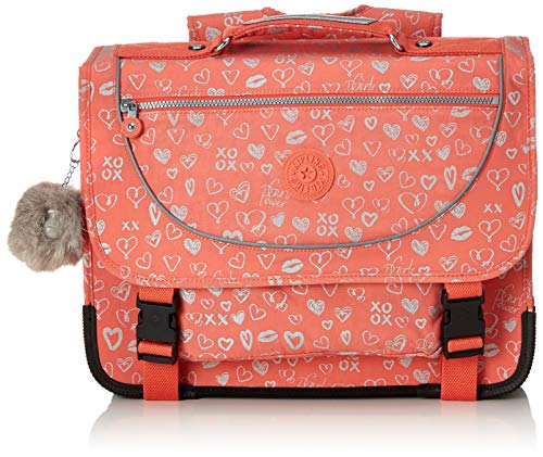 Cartable pour fille de CP Kipling Corail avec porte clé singe et motif coeurs