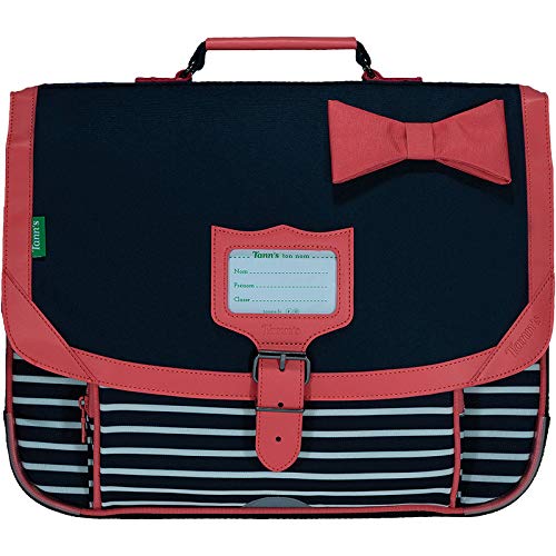 Cartable Fille CP ou CE1 rayures fantaisie Tann's 38 cm bleu marine et rose corail avec noeud