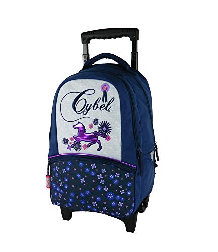 Cartable sac à dos à roulettes Cheval Bleu marine et Rose fille primaire  avec 2 compartiments