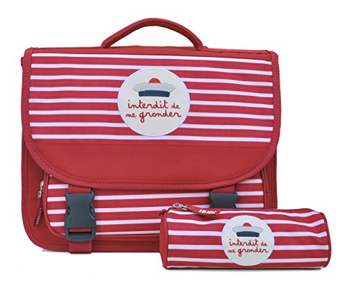 Cartable fille CP interdit de me gronder, rayures rouge et blanc, bonnet de marin, 38 cm, avec trousse assortie