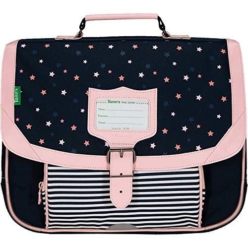 Cartable Fille CP  petites étoiles et rayures fantaisie  Tann's 35 cm bleu marine et rose