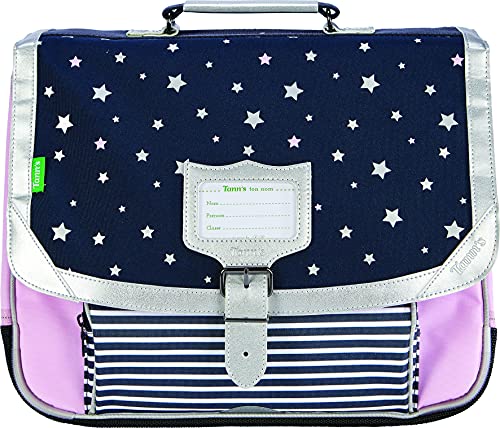 Cartable Fille CP  petites étoiles et rayures fantaisie  Tann's 38 cm bleu marine et rose