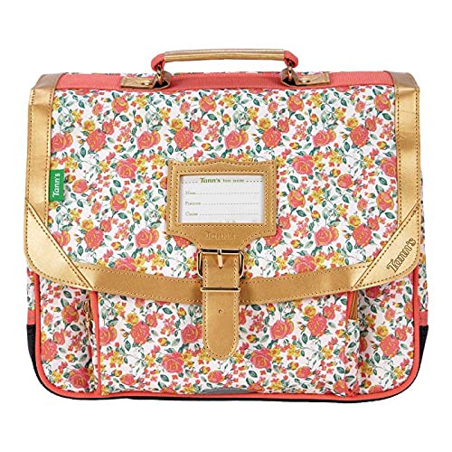 Cartable fille CP Tann's look bohème avec imprimé liberty doré et rose corail en 35 cm