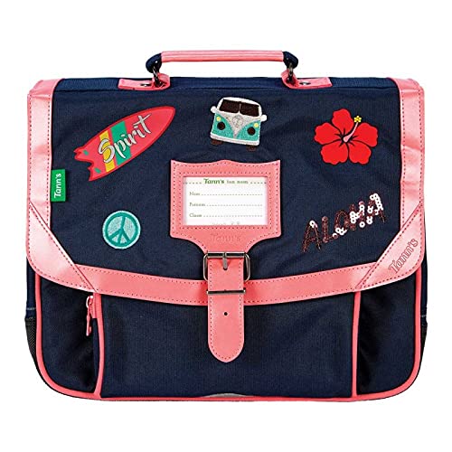 Cartable fille CP Tann's look baba cool bleu marine et rose vernis en 35 cm