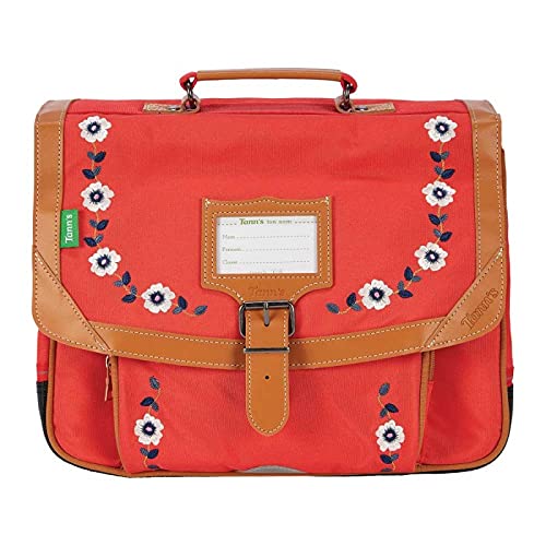 Cartable rouge orangé avec broderies fleurs pour fille de CP Tann's look bohème  