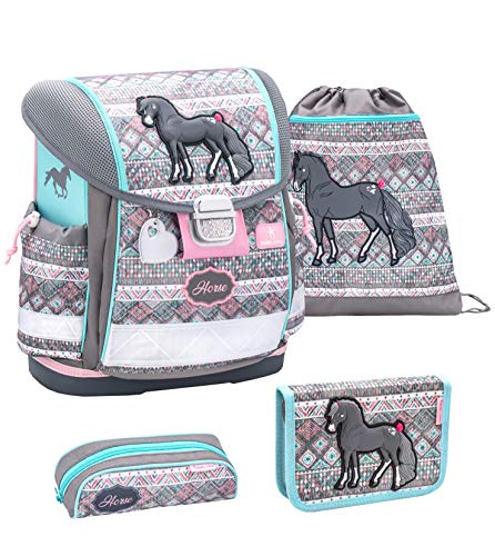 Cartable cheval format sac à dos et trousses assorties couleur grise