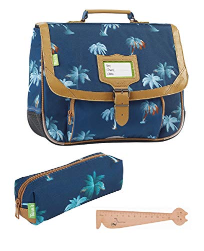 Cartable Tann's garçon CP, 35 cm, bleu palmiers avec trousse assortie