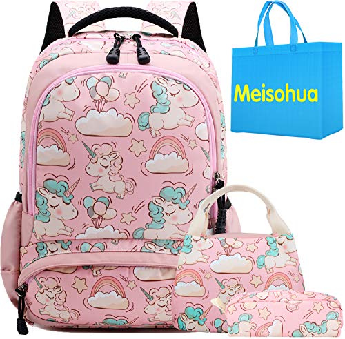 Sac à dos trolley rose licorne et nuages pour l'école avec trousses assorties