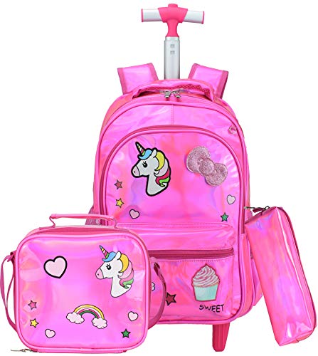 Sac à dos trolley rose licorne pour l'école avec trousses assorties