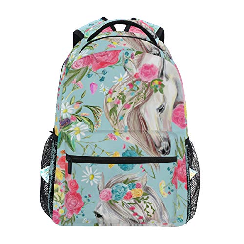 Sac à dos école avec tête de cheval dessinée et fleurs