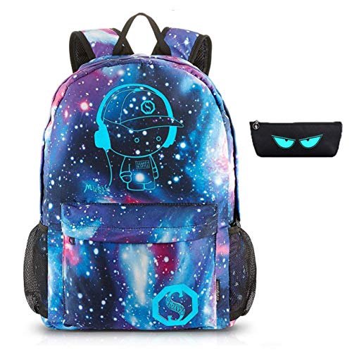 Sac à dos Galaxy lumineux Fandare noir et bleu violet pour le collège avec motif lumineux et port de charge USB