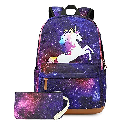 Sac à dos Galaxy violet et rose pour le collège avec licorne et trousse assortie