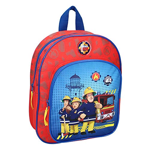 Sac à dos maternelle Sam le pompier bleu et rouge avec son équipe de pompier et le camion de pompier