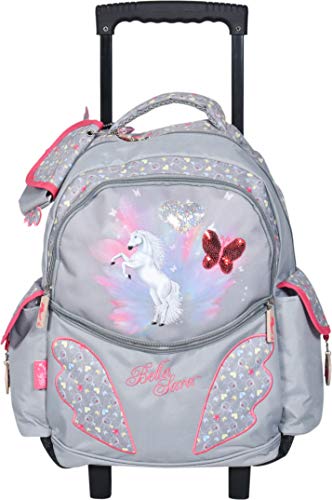 Sac à dos trolley cheval Bella Sara gris et rose pour l'école