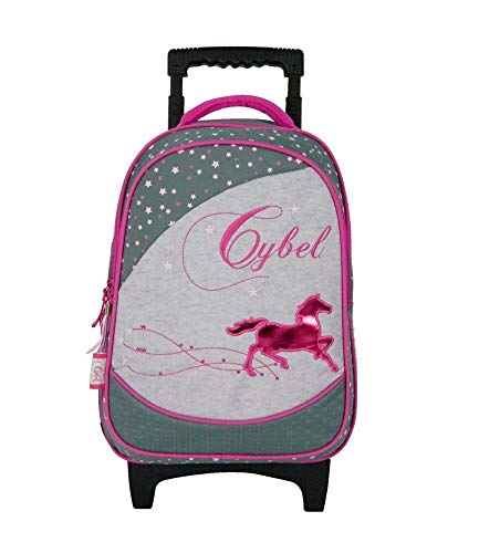 Sac à dos trolley cheval Cybel gris et rose pour l'école