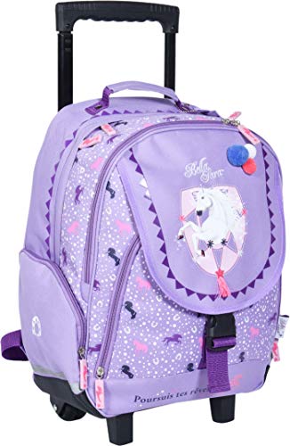 Sac à dos trolley cheval Bella Sara mauve pour l'école avec pompons