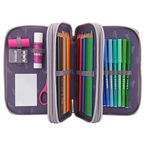 Trousse scolaire complète avec fournitures scolaires mauve avec cheval à pompon