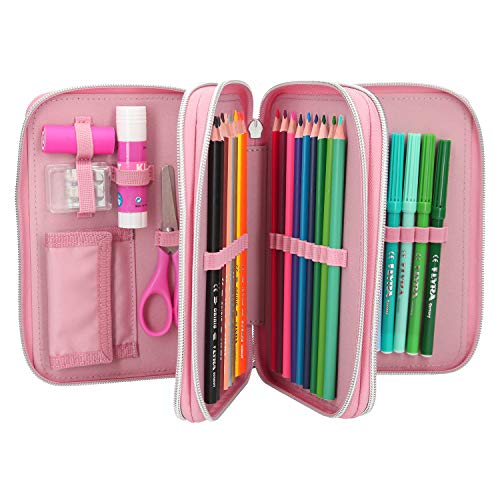 Trousse scolaire complète avec fournitures scolaires rose avec licorne à paillettes 3 compartiments