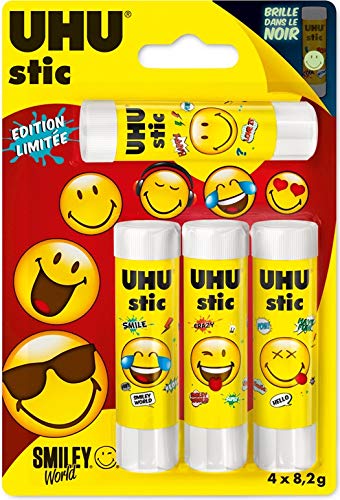 Stics de colle UHU Smiley sans solvant, 3 x 8 grammes et 21 grammes