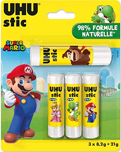 Stics de colle UHU Super Mario sans solvant, 3 x  8 grammes et 21 grammes
