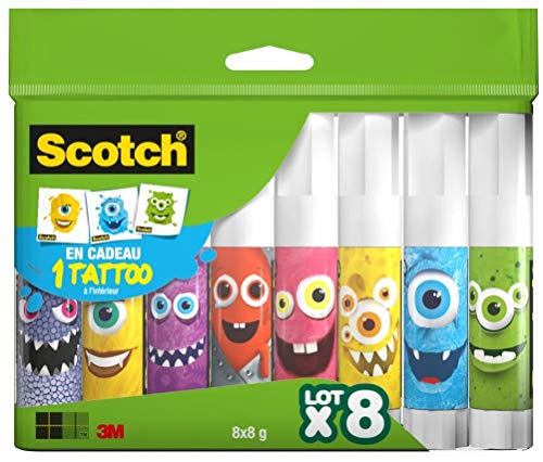 Tube de colle Scotch sans solvant, 8 grammes, vendu par lot de 8, décor enfant amusant monstre